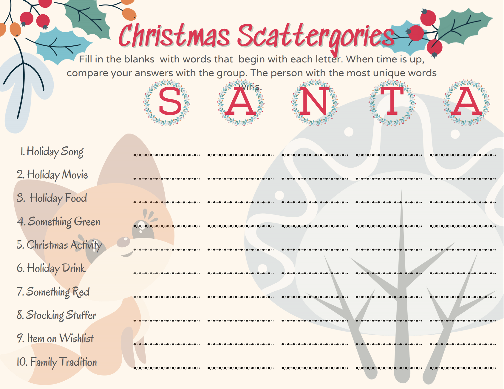 christmas scattergories family game - free printable